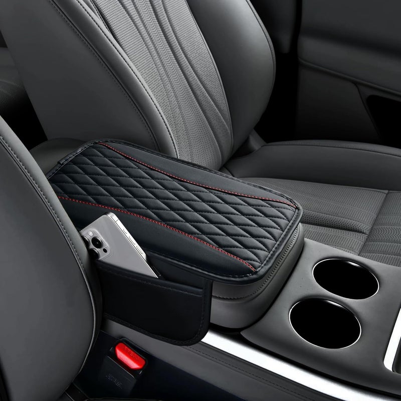 Tioollev Patchwork Leather Car Center Console Cover,Microfiber Leather Vehicle Armrest Protector Cushion with 2 Storage Bags,Universal Cars Armrest Cushion for SUV, Sedan, Truck (Black) - Image 5